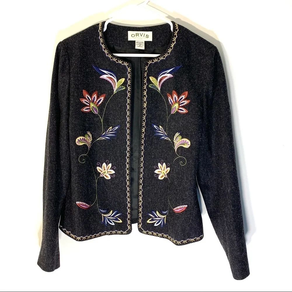 Orvis Wool Open Blazer w Floral Embroidery - Picture 1 of 7